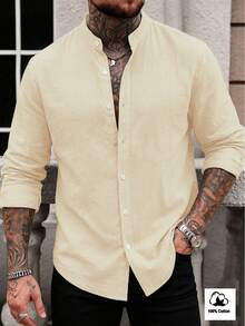 Manfinity Homme Men's Casual, Vacation, Daily Commute Minimalist Solid Color Long Sleeve Single-Breasted Shirt, Suitable For Spring And Autumn - Apricot - View 7