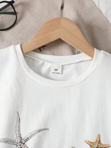 SHEIN 青少年女孩夏季新款休閒度假日常套裝 紋理條紋寬鬆短袖T恤短褲套組 - 白色 - 查看 6