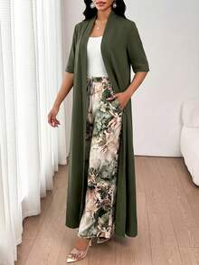 SHEIN Lady 女款素色短袖浴袍與花卉印花長褲休閒兩件套 - 彩色 - 查看 4