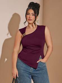 SHEIN BAE Atasan Rajut Wanita Ukuran Besar Warna Hitam dengan Hem Asimetris dan Dekorasi Metalik - Burgundy - View 9
