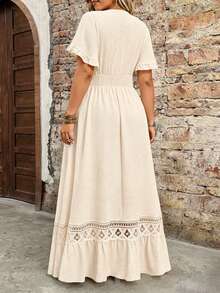 Breezaya Plus Size Women's Water-Soluble Lace Jacquard Romantic Fashion Dress, Versatile For Dating, Daily Wear, Commuting, Vacation, Suitable For Spring And Summer - Apricot - View 2