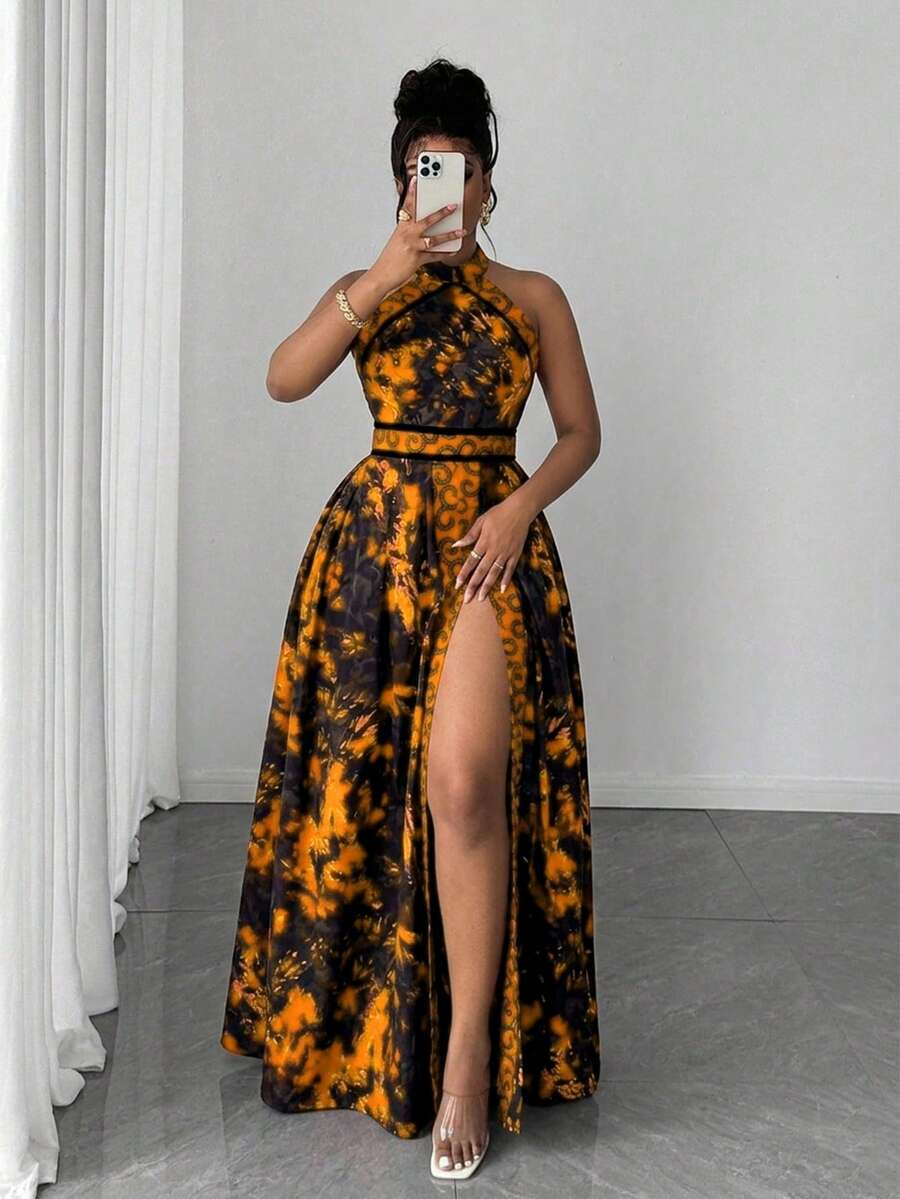 SHEIN Clasi 大尺碼夏季時尚紮染印花高開衩露背掛脖洋裝 - 黃色 - 查看 1