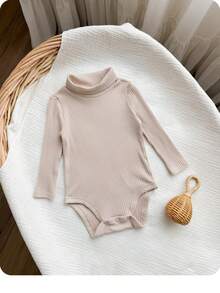 Baby Girl Solid Color Ribbed Texture Long Sleeve Turtleneck Versatile Casual Autumn Bodysuit - Apricot - View 9