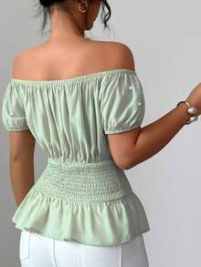 Modelyn Off-Shoulder Short Sleeve Cinched Waist Slim Fit Blouse, Spring/Summer Date Brunch Daytime Tea Party Golf Sage Green Elegant Romantic Sexy - Green - View 3