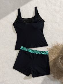 Swim Lushoire 女款夏季海灘熱帶印花拼接分體式比基尼套裝 - 黑色 - 查看 3