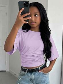 SHEIN T-shirt décontracté élégant et polyvalent pour filles préadolescentes, nouvelle mode, couleur unie, froncé à la taille, convient pour - Parme - Voir 2
