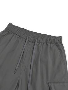 Manfinity Homme Loose Fit Men's Cargo Shorts With Flap Pockets, Side Drawstring Waist - Dark Grey - View 5
