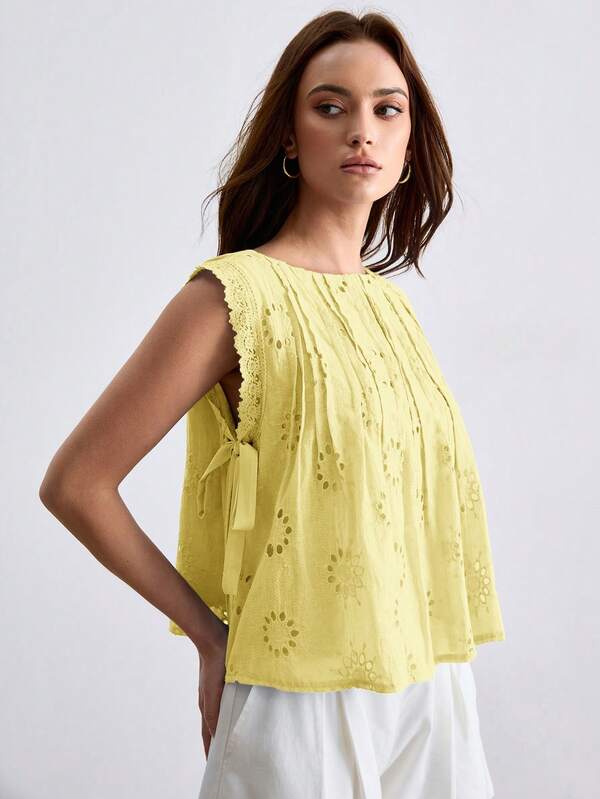 CielaLinda Áo blouse nữ thêu xếp ly phối viền ren