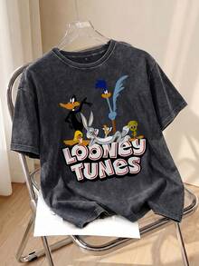 LOONEY TUNES X SHEIN 男士夏季休閒卡通字母印花T恤 - 黑色 - 查看 1