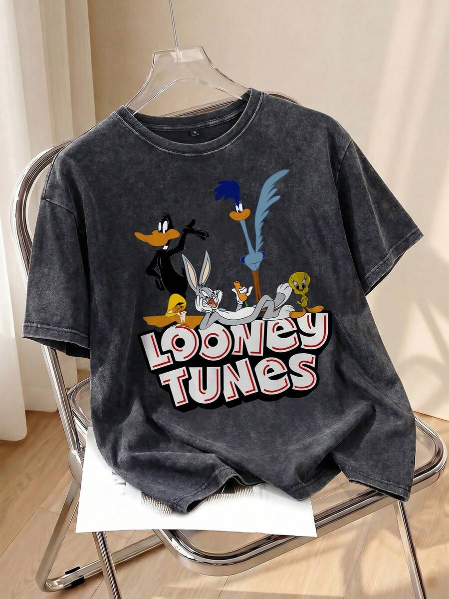 LOONEY TUNES X SHEIN 男士夏季休閒卡通字母印花T恤 - 黑色 - 查看 1