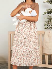 SHEIN Maternity Floral Patchwork Nursing Dress - Khaki - View 7