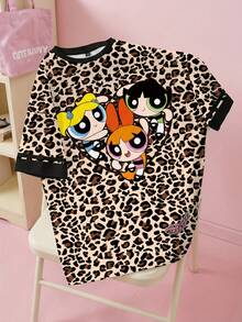 THE POWERPUFF GIRLS X SHEIN 大尺碼女款豹紋圓領短袖T恤 - 白色 - 查看 1