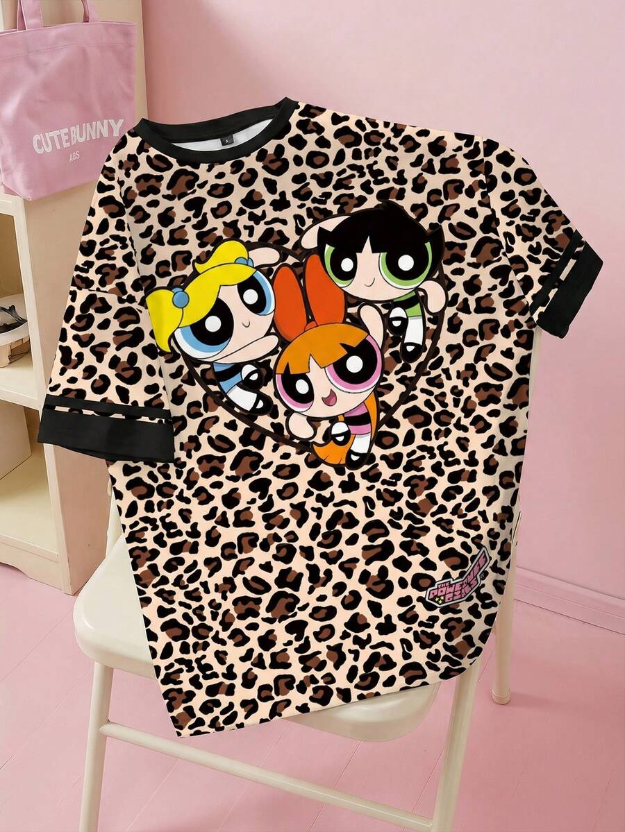 THE POWERPUFF GIRLS X SHEIN 大尺碼女款豹紋圓領短袖T恤 - 白色 - 查看 1