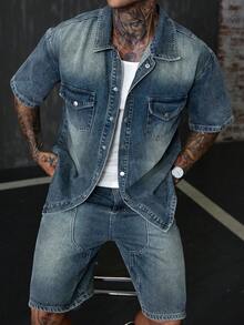 DAZY Blue Washed Denim Short Sleeve Top And Shorts Set For Men - Blue - View 8