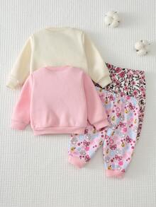 Cozy Pixies Conjunto de 2 piezas para bebé niña recién nacida con top de punto suave de manga larga, cuello redondo, estampado de animales de dibujos animados, cintura elástica y pantalones largos de invierno - Rosa - Ver 2