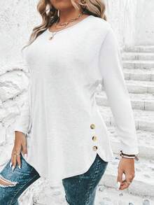 SHEIN Clasi 女款大尺碼長袖側邊鈕扣裝飾T恤 - 白色 - 查看 1