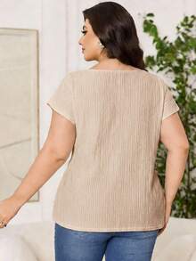 Reflora Plus Size Women's Solid Color Notch V-Neck Batwing Short Sleeve Casual Shirt Workwear Hot Pink Summer - Black - View 6