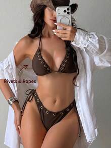 Swim SXY Women's Summer Beach Solid Color Keyhole Design Halter Tie Sexy Bikini Swimwear Set - Brown - View 1
