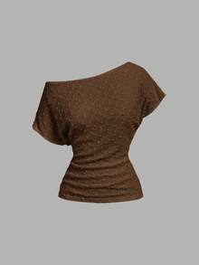 SHEIN MOD Camiseta casual versátil de un solo hombro con fruncido de unicolor para mujer - Marrón - Ver 1