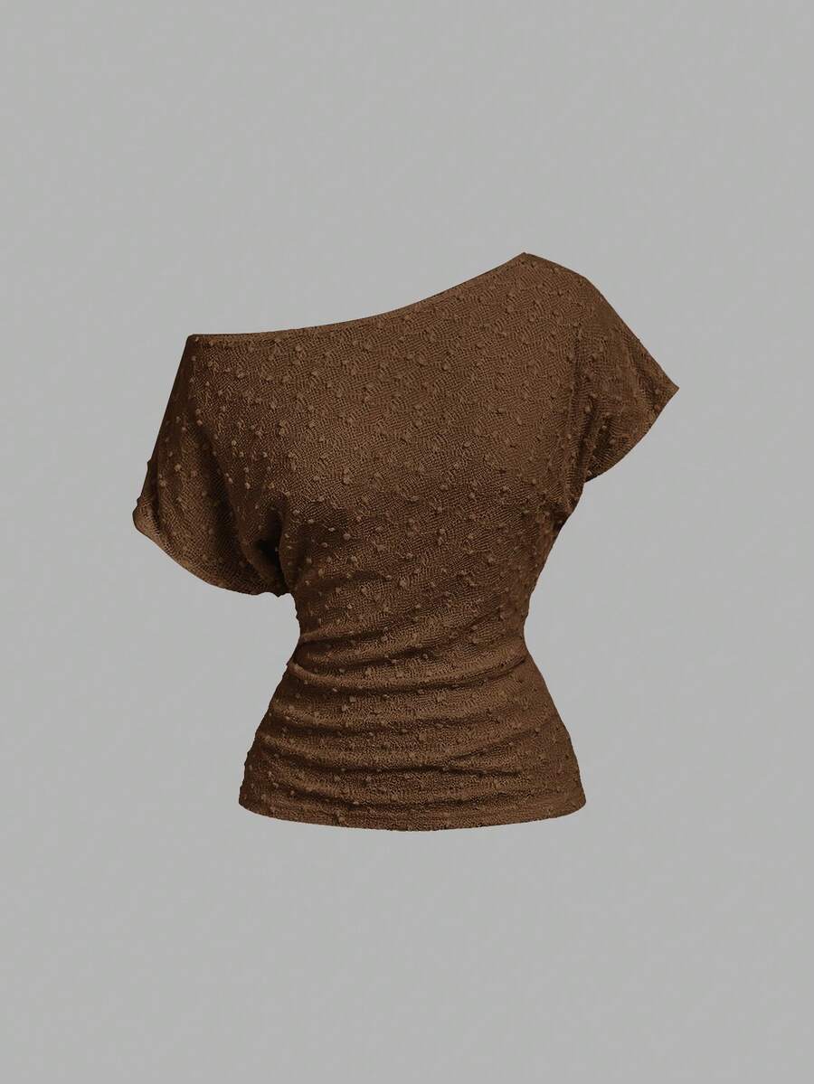 SHEIN MOD Camiseta casual versátil de un solo hombro con fruncido de unicolor para mujer - Marrón - Ver 1