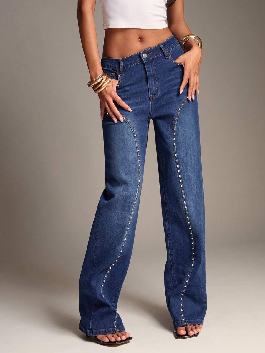 SHEIN BAE Women's Fashion Versatile Rivet Pocket Button Casual Denim Jeans - Medium Wash - View 1