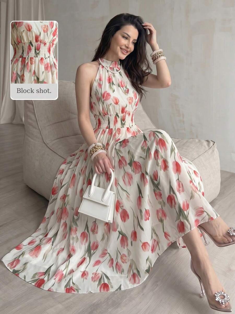 Modelyn 女士春夏无袖数码印花吊带抽绳腰A字优雅浪漫中长连衣裙