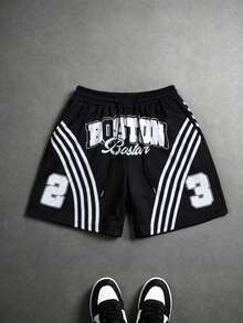 ROMWE MEN Street Life Celana Pendek Kasual Pria dengan Motif Garis Huruf dan Tali Serut di Pinggang - Hitam - View 7