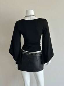 SHEIN Unity Deep V-Neck Printed Sexy Mid-Length Sleeve Fitted T-Shirt - Black - View 2
