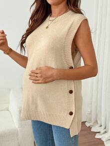 SHEIN Maternity Casual 1960s Decent Comfortable Versatile Textured Button Round Neck Knit Vest Autumn Outfit For Women Formal Office Work Black - Khaki - View 9