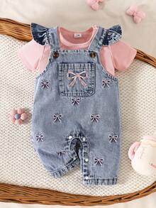 SHEIN Playful Pals 2件裝女嬰可愛草莓刺繡吊帶褲 柔軟棉質 藍色 夏季家庭套裝 - 淺粉色 - 查看 3
