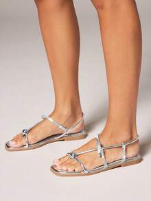 SHUZIA Women's Minimalist Elegant Metal Ring Decor Sling Back ThongFlat Sandals - Silver - View 2