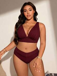 Swim Lushoire Summer Beach Minimalist Textured Fabric Solid Color Plus Size Swimsuit Set - Burgundy - View 5