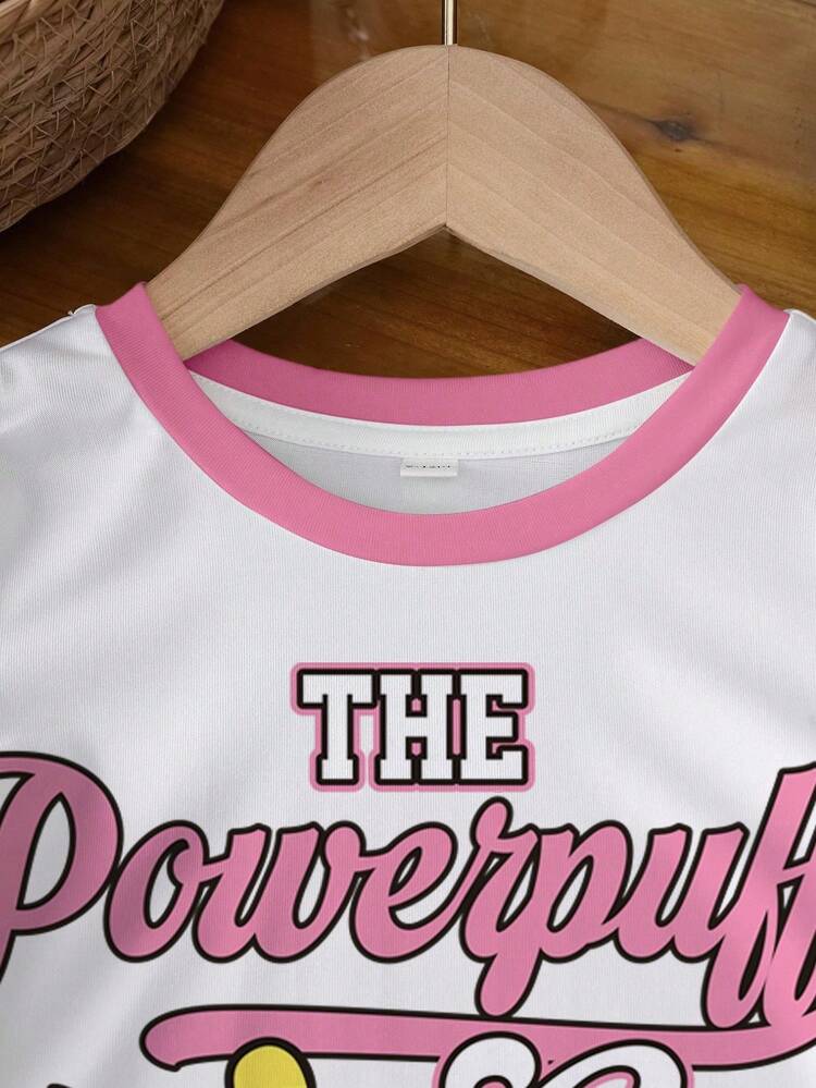 THE POWERPUFF GIRLS X SHEIN 女童休闲卡通印花圆领短袖T恤，夏季 - 白色 - 查看 3