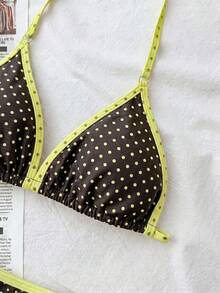 SHEIN 黃色與棕色圓點、可反穿圓點泳衣青少年女孩純色極簡海軍藍&白色對比色細肩帶比基尼套裝，休閒海灘度假穿搭，夏季時尚新品，適合夏季穿著，提供輕鬆舒適的感覺 - 彩色 - 查看 4