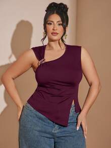 SHEIN BAE Atasan Rajut Wanita Ukuran Besar Warna Hitam dengan Hem Asimetris dan Dekorasi Metalik - Burgundy - View 2