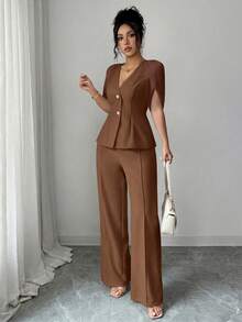 SHEIN Clasi Conjunto 2 Peças Primavera/Verão Blusa de Chiffon Damasco Manga Curta Cintura Definida Decote em V Frente Aberta & Calça Reta, Look Elegante Francês Versátil para Trabalho para Mulheres - Café - Visão 5