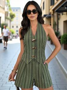 Editum Women's Halter Neck Backless Striped Top And Shorts Two Pieces Set - Army Green - View 6