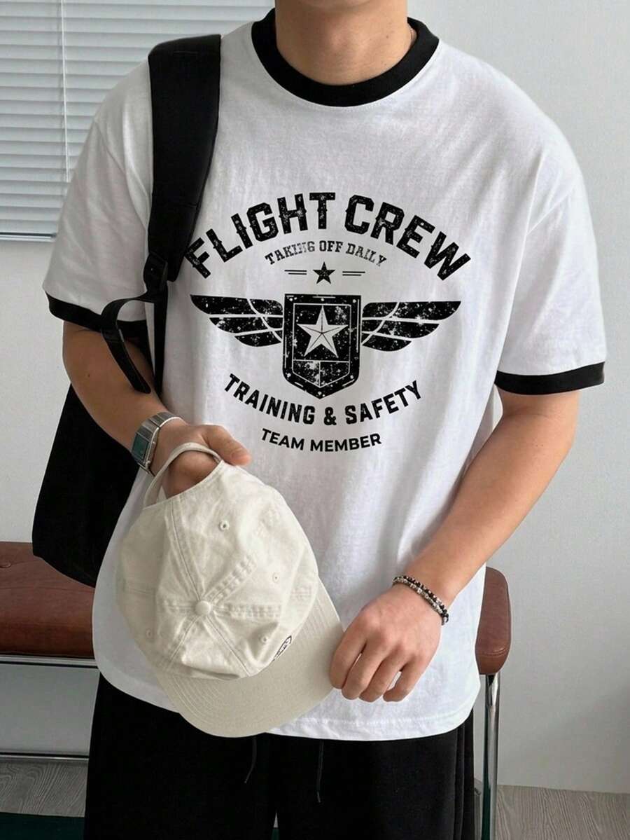 DAZY 夏季拼接撞色領圓領字母印花修身男士T恤 - 白色 - 查看 1