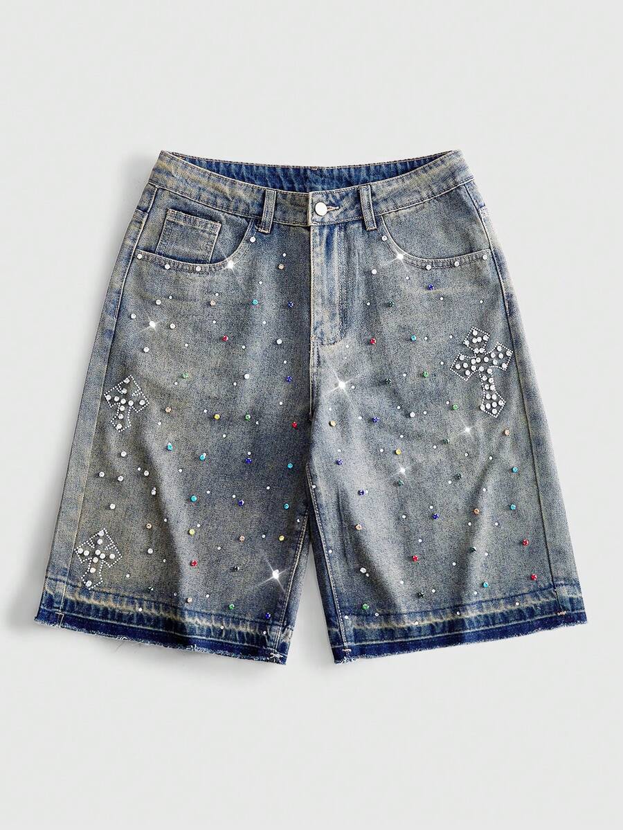 ROMWE MEN Street Life Celana Pendek Denim Pria dengan Hiasan Berlian Imitasi Warna-warni dan Saku Kancing - Biru - View 1