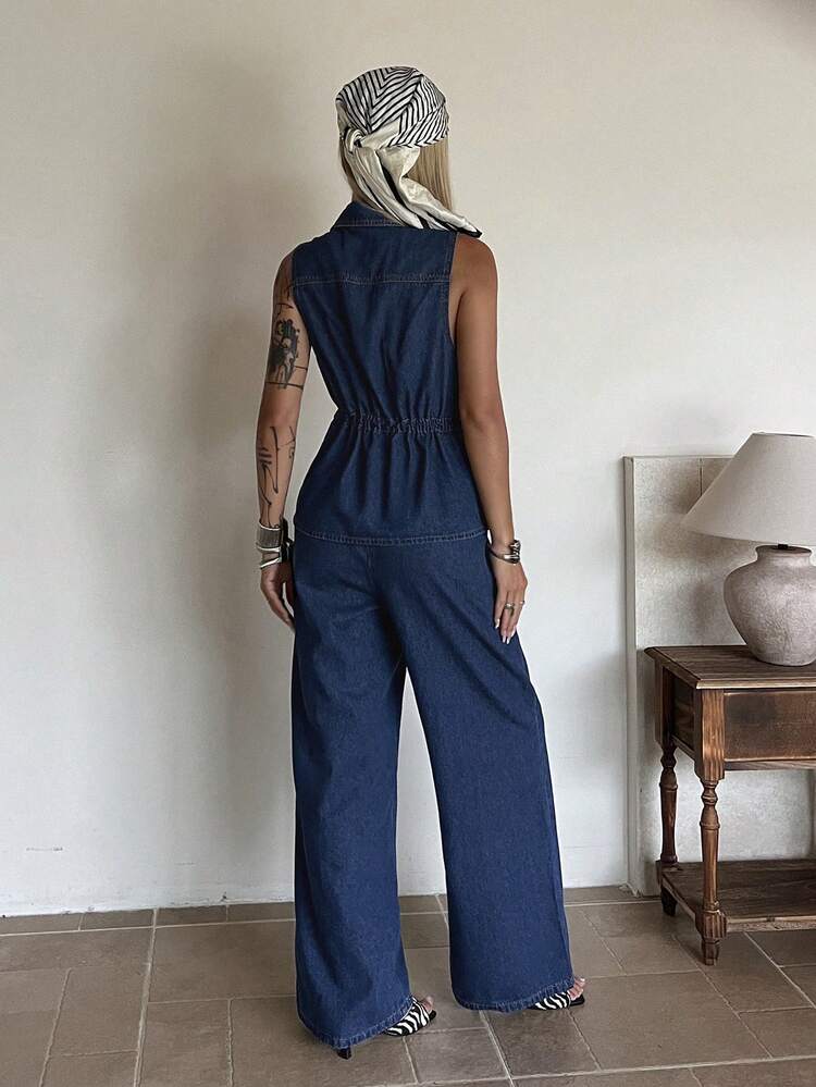DAZY Women's Loose Casual Sleeveless Top Long Straight Denim Vest Set, Suitable For Spring Summer Everyday Dark Blue - Dark Wash - View 2