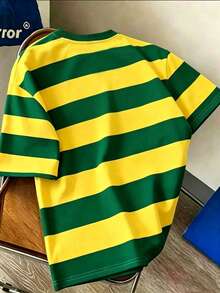 Manfinity Hypemode 男士運動風綠黃條紋T恤，美式復古夏季街頭穿搭，足球文化短袖，度假休閒中性款 - 彩色 - 查看 2