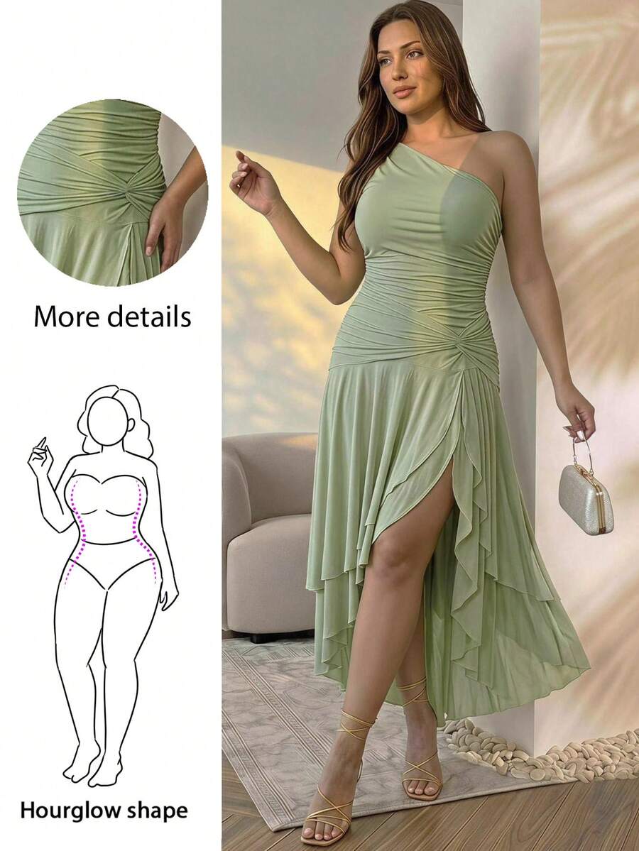 Hourglow Plus Size Asymmetrical Shoulder Elegant Casual Vacation Party Wedding Guest Dress Sage Green Summer For Hourglass Body Shape - Green - View 1