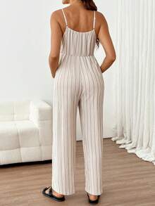 SHEIN Maternity Spaghetti Strap Bow Decor Striped Jumpsuit - Khaki - View 2
