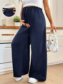 SHEIN Maternity Casual Textured Adjustable Waist Drawstring Long Pants - Navy Blue - View 1