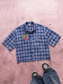 THE POWERPUFF GIRLS X SHEIN Men's Plaid Short Sleeve Single-Breasted Shirt, - Blue - View 1