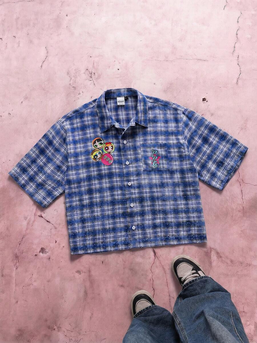 THE POWERPUFF GIRLS X SHEIN Men's Plaid Short Sleeve Single-Breasted Shirt, - Blue - View 1