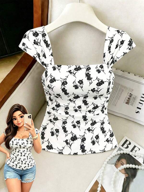Breezaya Camiseta ajustada de cuello cuadrado elegante e intelectual para mujer de talla grande, adecuada para uso diario, citas, compras y viajes