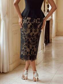 Savoree Women's Fall Black Embroidered Lace Skirt, Elegant Halloween Night Out Bar Party Outfits For Ladies - Black - View 2