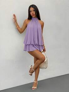 PETITE Vestido mini elegante de mujer de color amarillo claro con cuello halter y lazo, adecuado para fiestas, citas, otoño/invierno, primavera/verano - Púrpura polvoriento - Ver 6