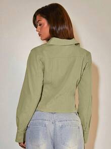 COSMINA Denim 女款素色單排扣休閒百搭日常牛仔上衣 - 卡其色 - 查看 2